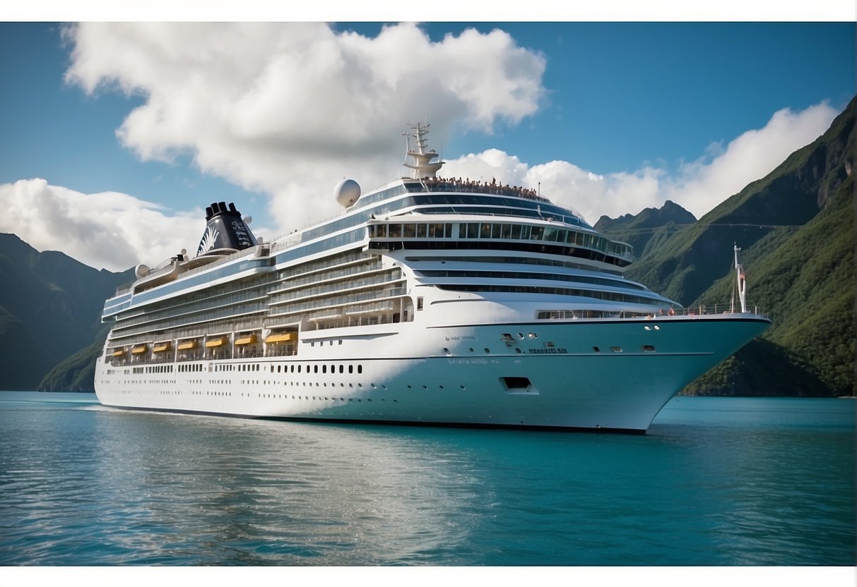 A luxurious cruise ship sails through crystal-clear waters, passing by tropical islands and towering glaciers, while guests relax on deck and enjoy world-class amenities