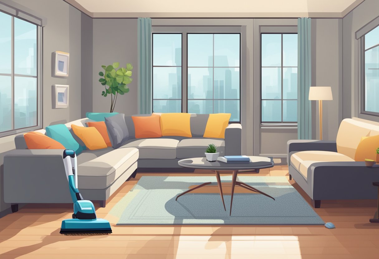 A tidy living room with vacuum marks on the carpet, sparkling windows, and neatly arranged furniture. A mop and bucket sit in the corner, indicating thorough cleaning