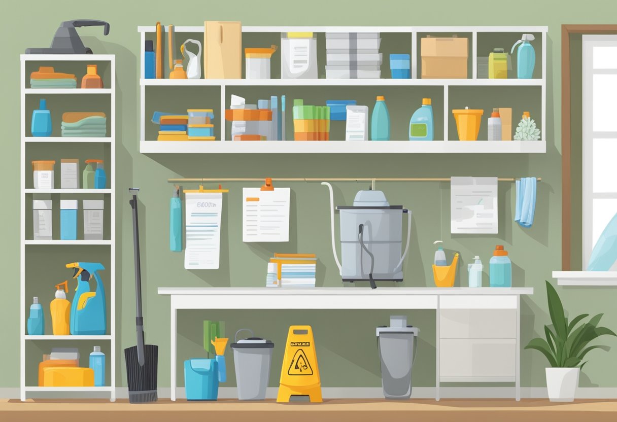 A clean and tidy home with a vacuum, mop, and cleaning supplies neatly organized on a shelf. A calendar with dates marked for scheduled cleanings, and a price list displayed prominently