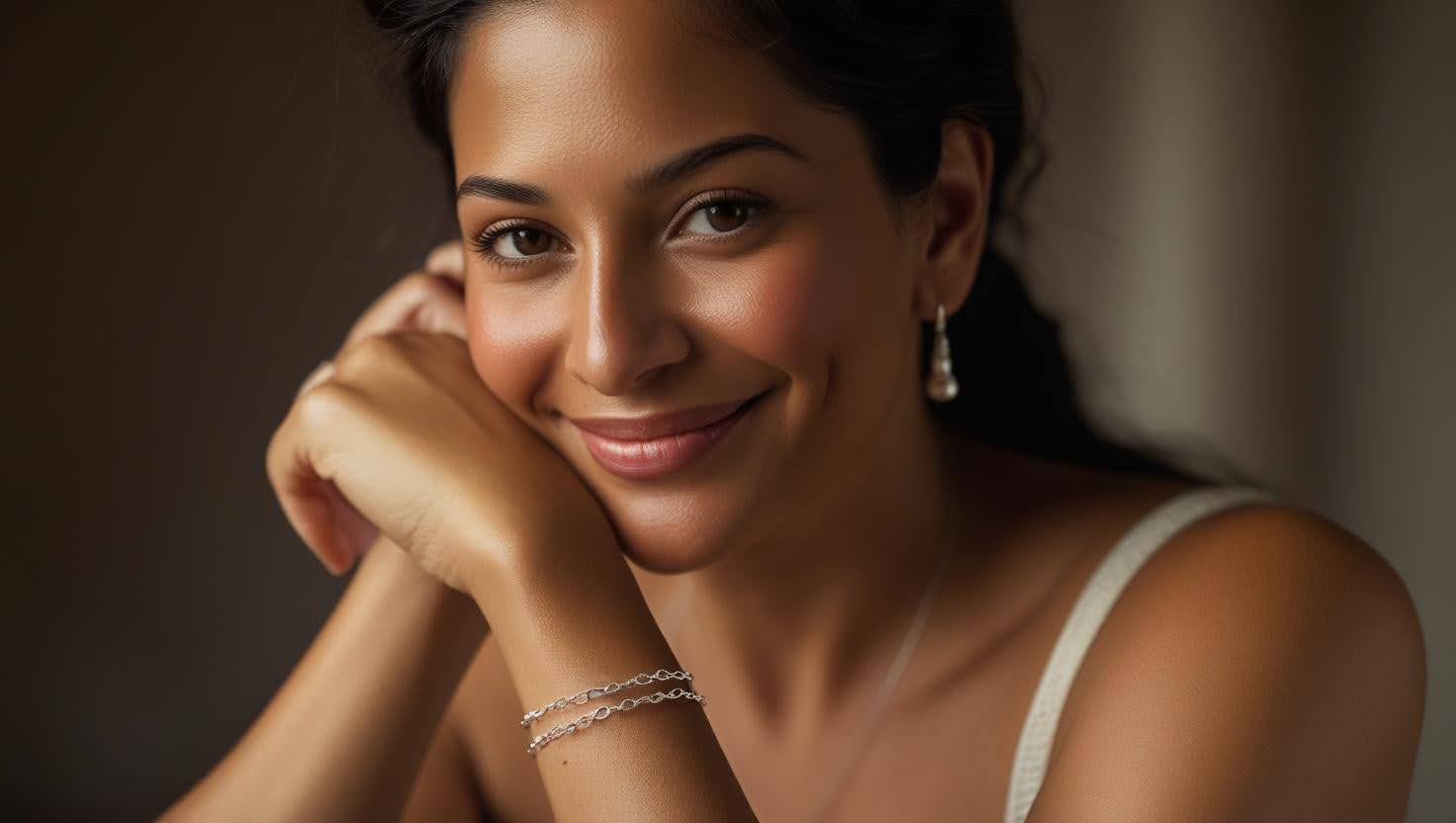 Woman smiling while showcasing a delicate silver bracelet and pearl earrings, highlighting an elegant and minimalist jewelry style.