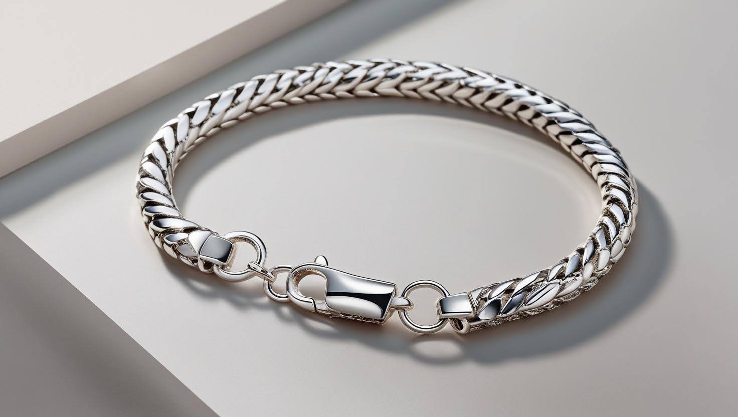 High-shine thick silver chain bracelet with a secure lobster clasp, displayed on a modern, neutral background.