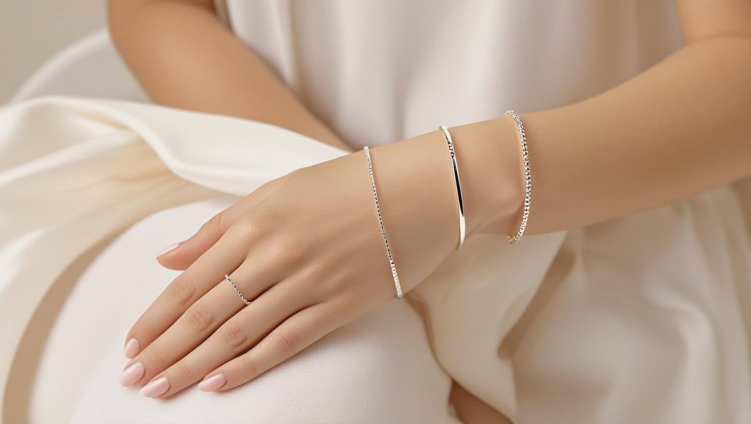  Close-up of a woman's hands adorned with minimalist silver bracelets and a matching silver ring, styled with a soft cream outfit